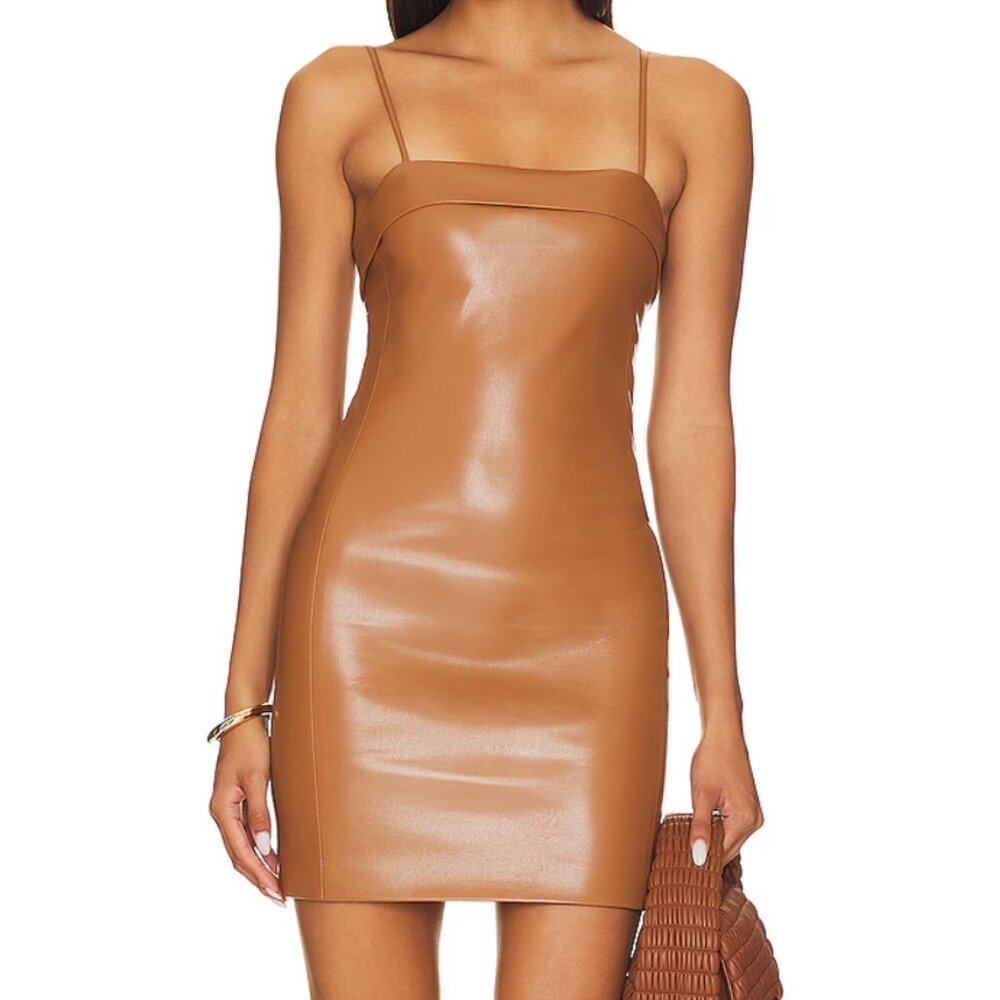ALICE + OLIVIA Kelly Faux Leather Mini Dress in Camel